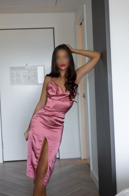 Long-legged Ottawa based companion/ provider waits by the door for you in silky pink dress